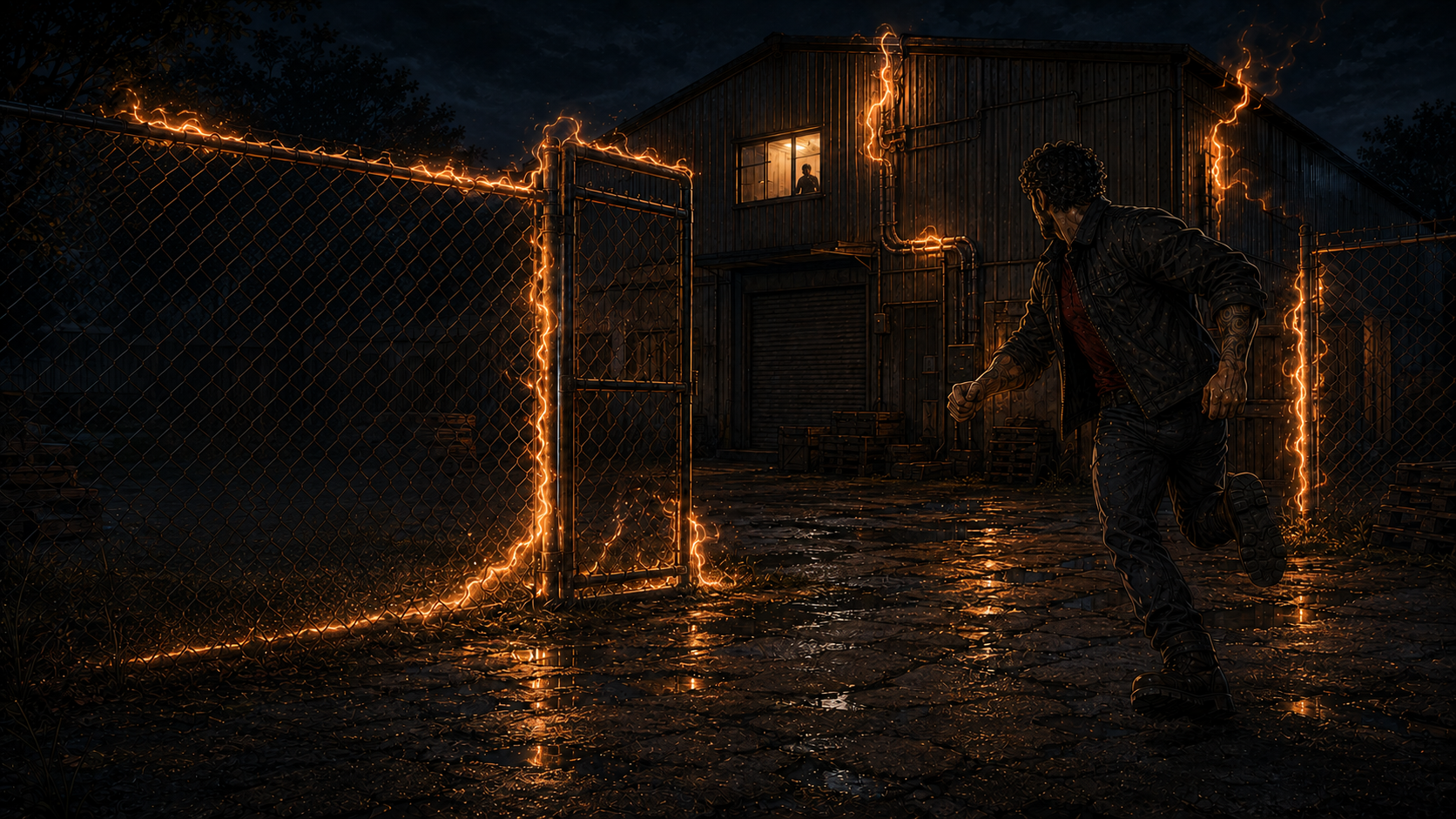 The fire runs the fence, finds a gate, finds a conduit, and climbs into a structure that was supposed to be empty. A light goes on inside it.