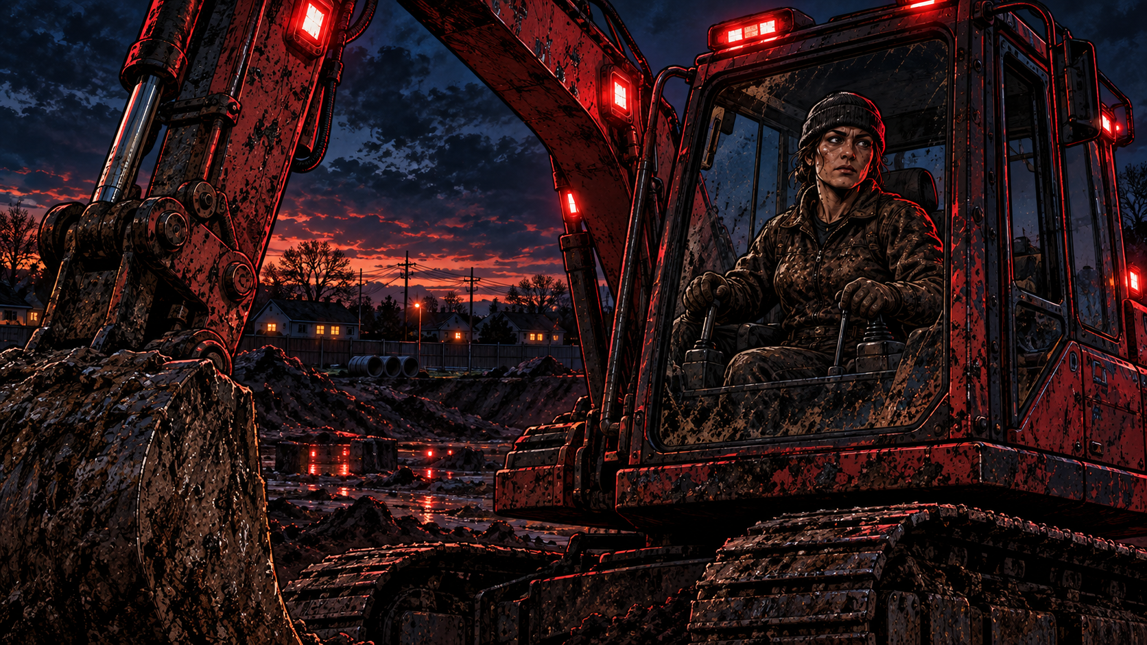 Shh, an adult woman in a beanie and work jacket, at the controls of a red excavator at dusk under red running lights