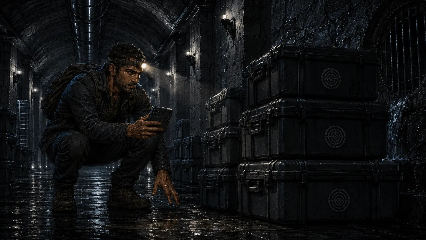 The headlamp sweeps across stacked black cases sealed in plastic, each stamped with a circle enclosing a locked vault.