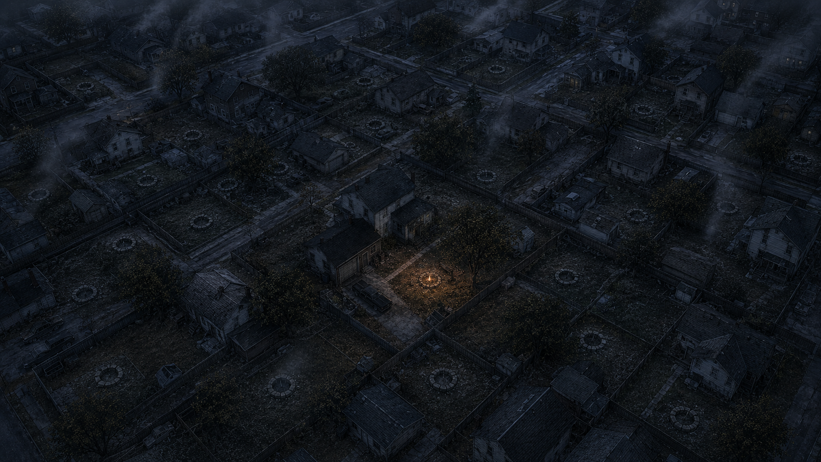 Aerial view of the neighborhood before dawn. Every backyard fire ring is dead grey ash. One ring, in one yard, still breathes orange.