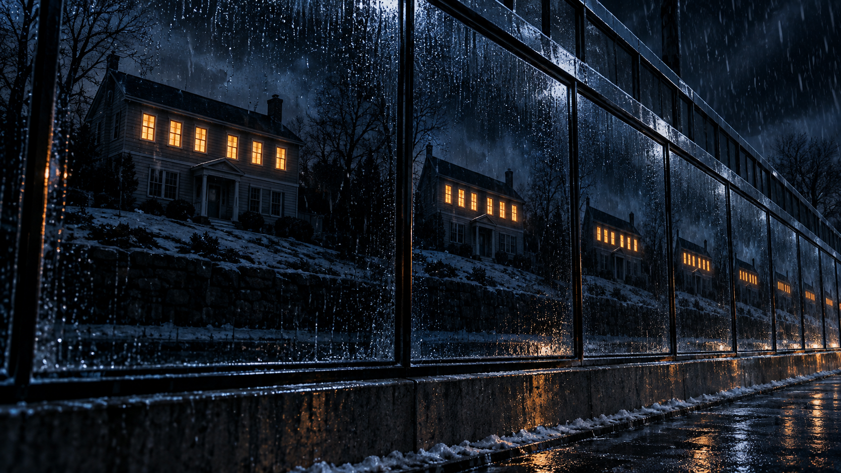 Close on the wall's surface. Every pane reflects the same image: the Reynolds house with six lit windows.