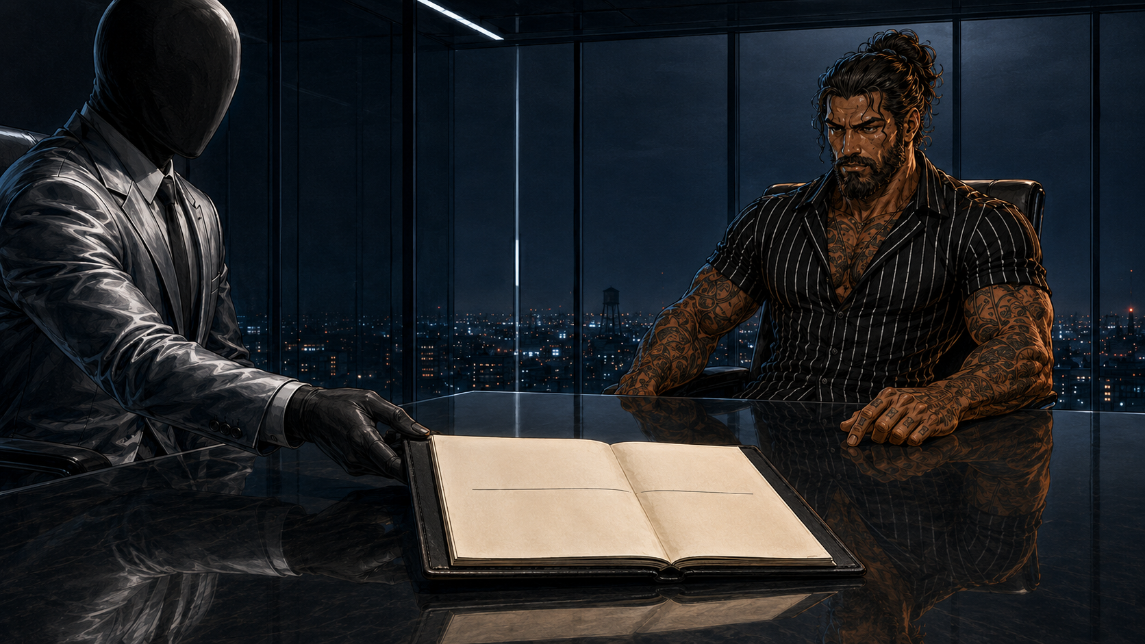 A Keeper slides a black leather ledger across the glass. The page is blank except for a single ruled line.