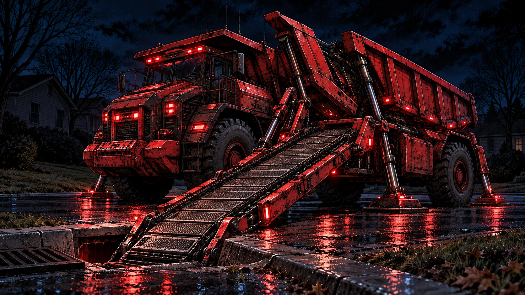 Above ground, the massive red truck unfolds along the curb, plates rotating, hydraulics lowering a ramp straight down into the open drain.