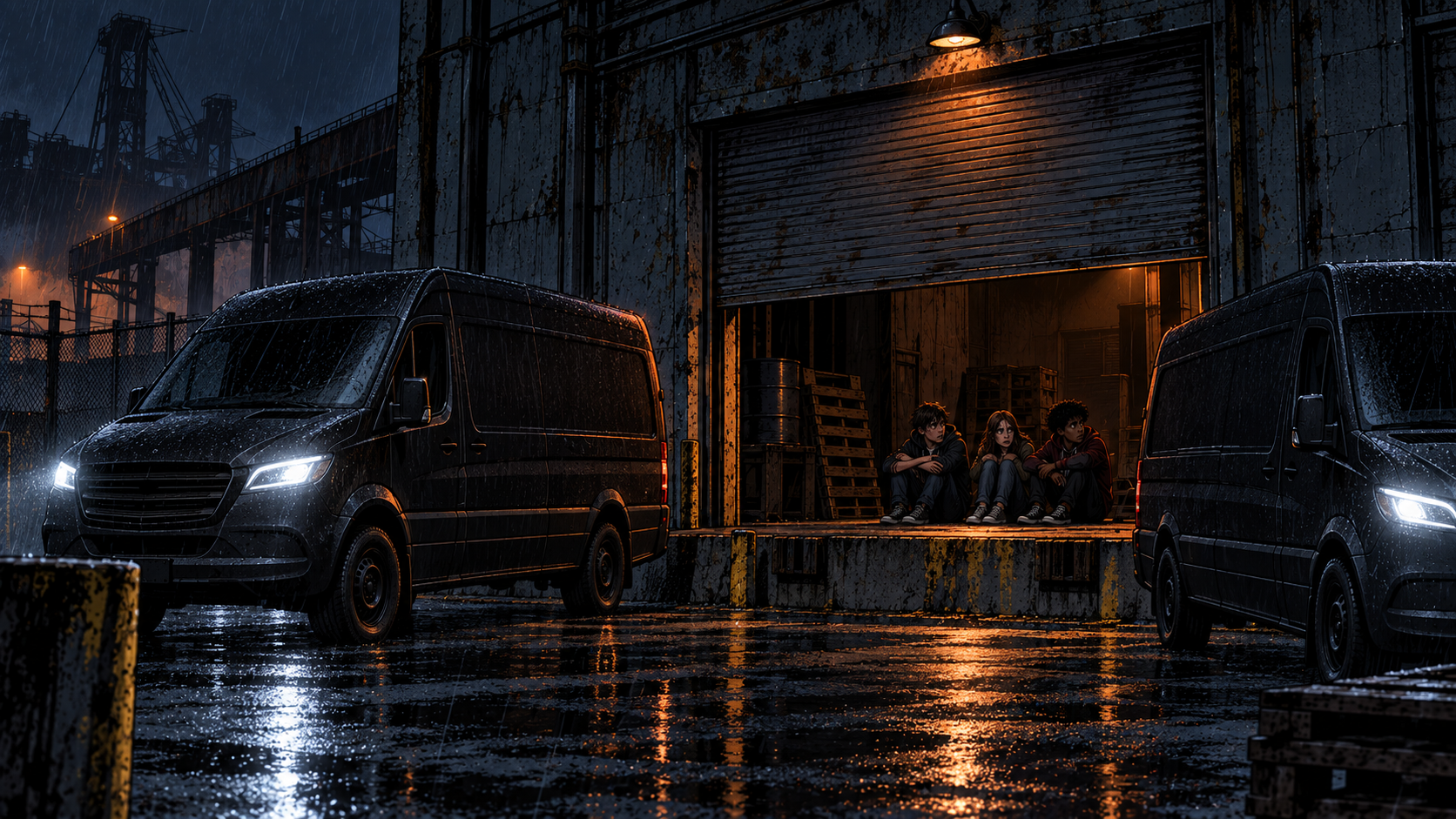 A rain-slick industrial dock. Two Keeper vans, a roll-up door half open, and three teenagers sitting where they should not be sitting.