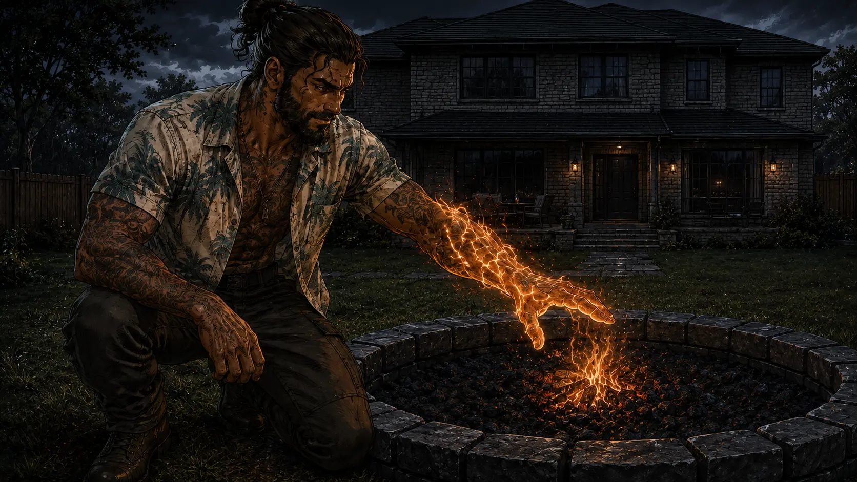 Nick reaches toward the flame. It climbs his hand and runs up his arm without burning the shirt. His knuckles glow like banked coal.