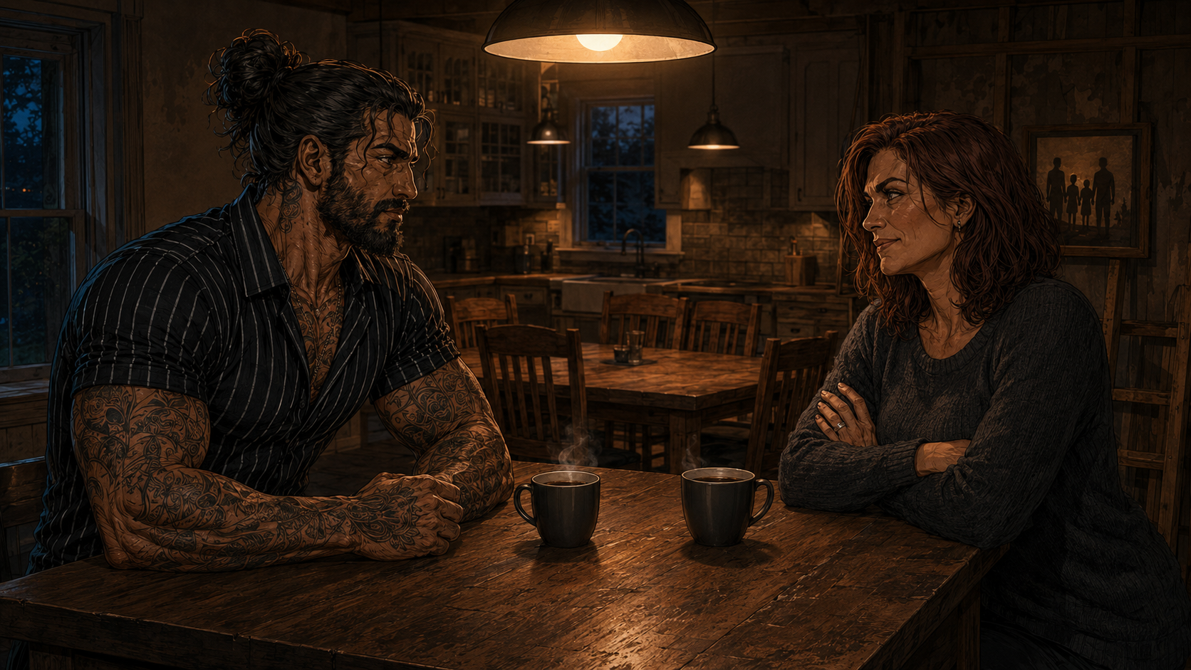 The kitchen, late. Two coffee cups. She is already awake, arms folded, reading him the way she has for twenty years.