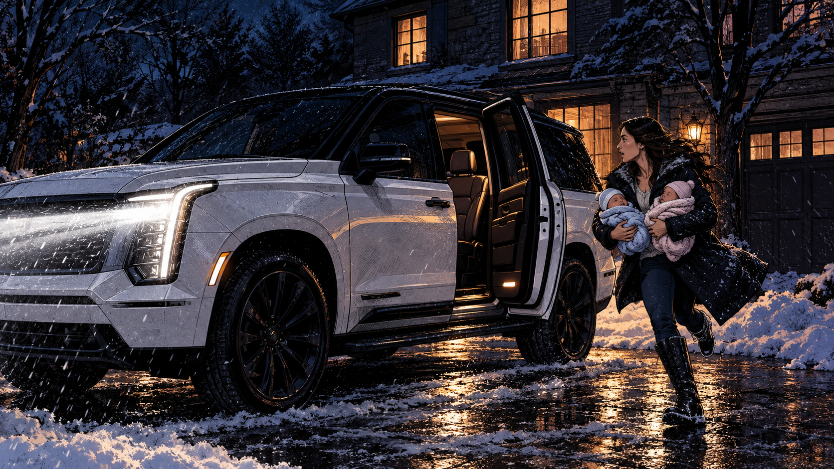Headlights sweeping across a driveway. A young mother with twins running for the open truck door.