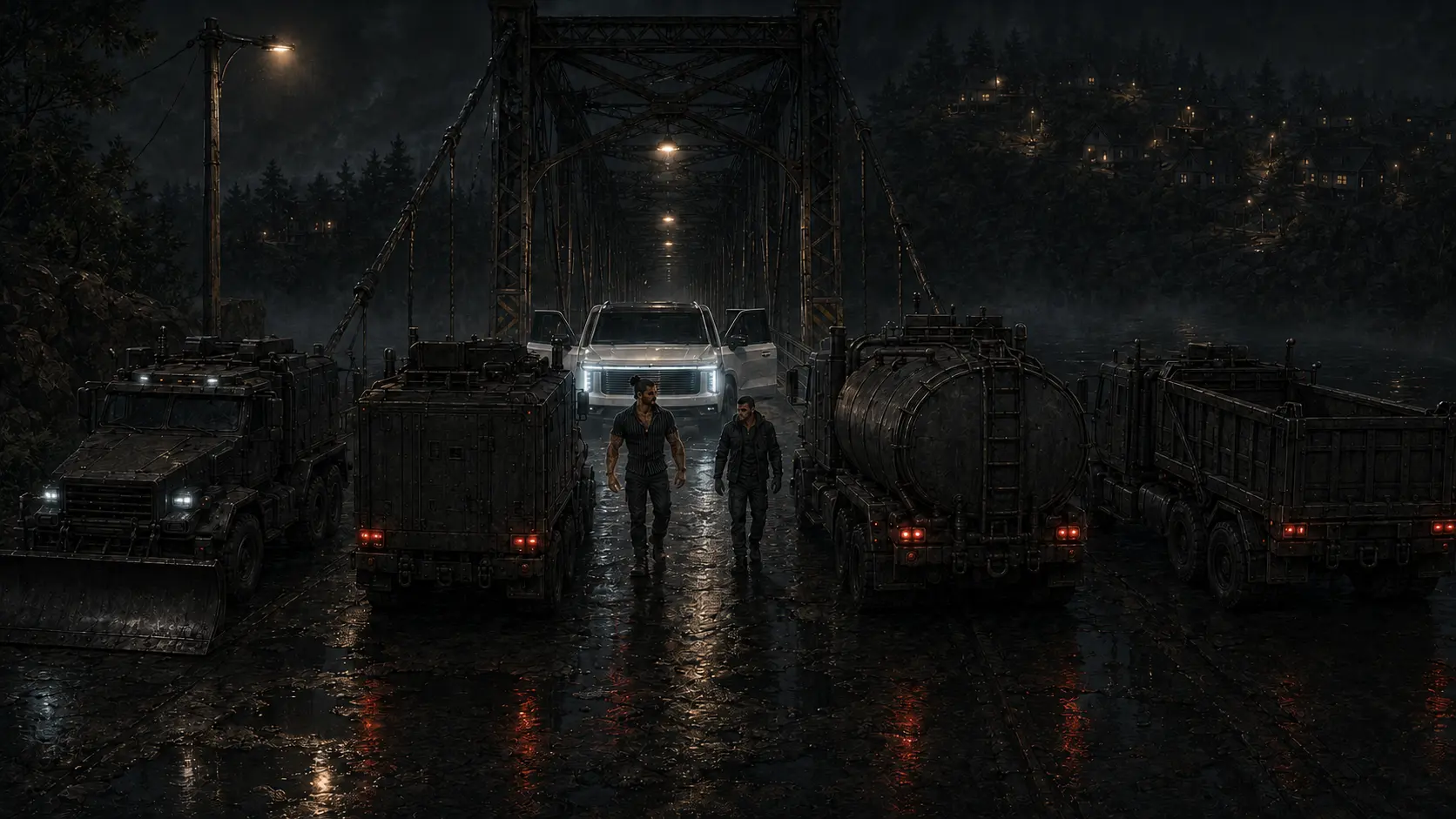 Headlights behind the machines: the white Escalade with the black roof, doors open, Nick and Boochi stepping out.