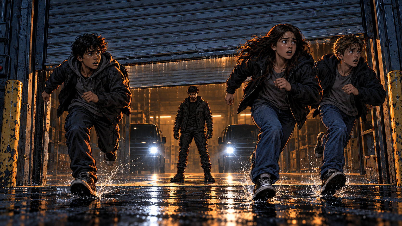 The roll-up door slams down behind the kids as they run. Boochi stays on the wrong side of it, alone, backlit by van headlights.