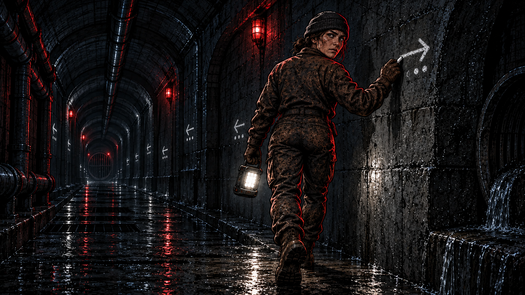 Shh, a woman in plain workwear and a beanie, moving along a storm drain gallery with a lantern, chalking small marks at every junction, saying nothing.