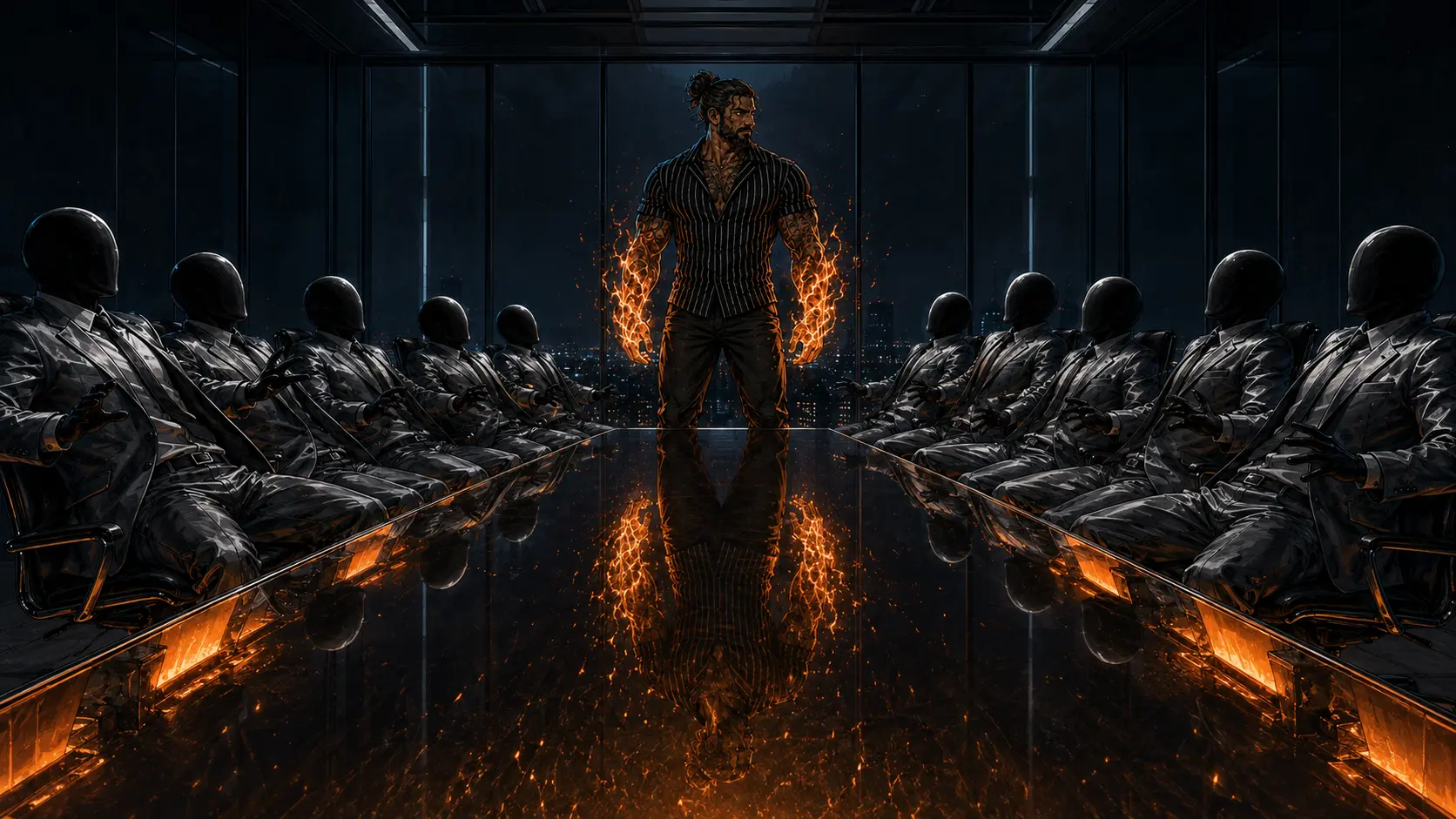Nick rises. Fire runs the length of both forearms and lights the underside of the glass table. Silver suits lean back as one.