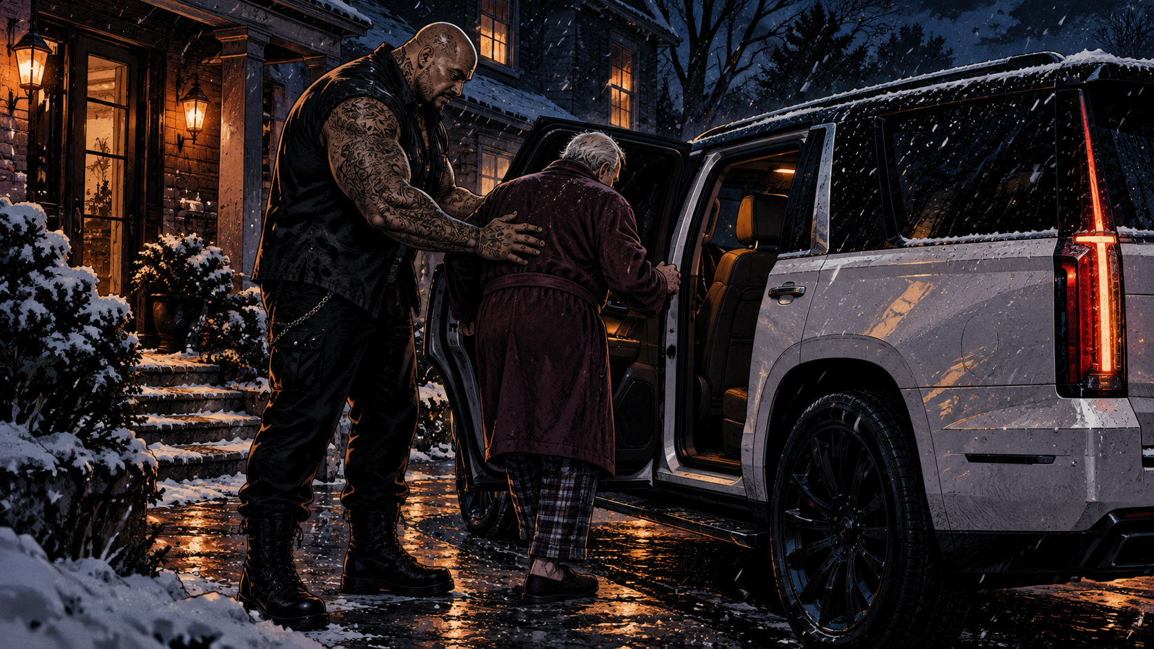 A porch. An elderly man in a robe being walked to the back door of the truck under Vance's arm.