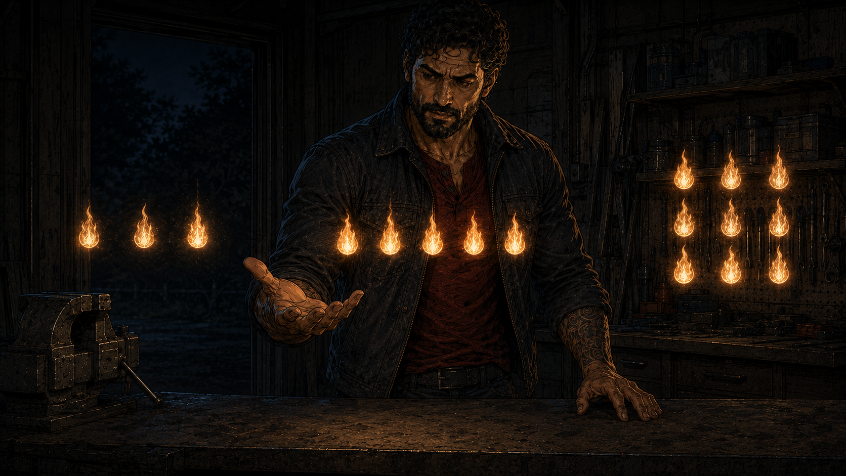 The garage at night. Spark holds a flame above his open palm, splitting it into three, then five, then nine small lights.