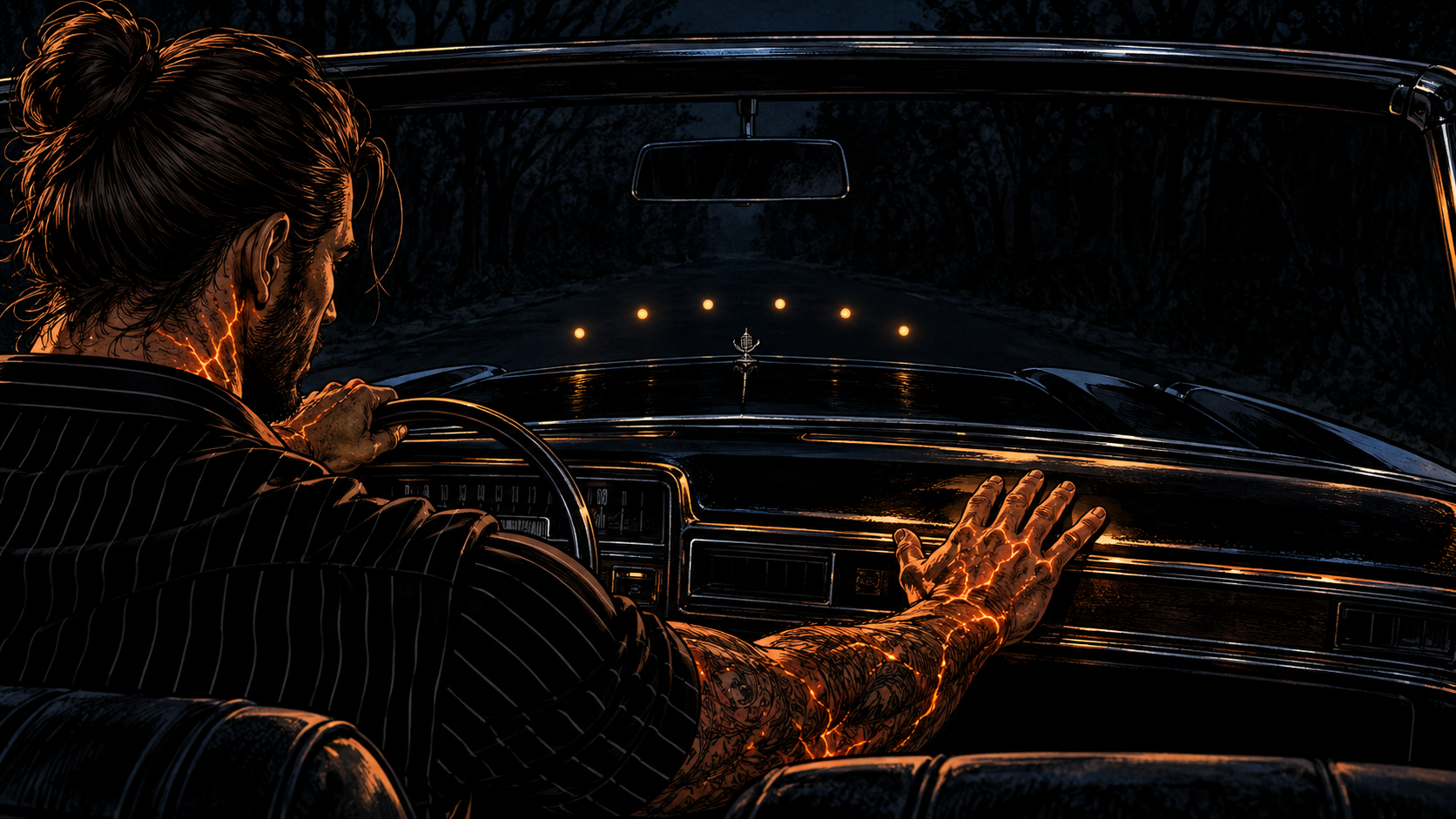Nick lays his palm flat on the Eldorado's dash. Fire runs the chrome trim, the grille, the six reflections in the paint.