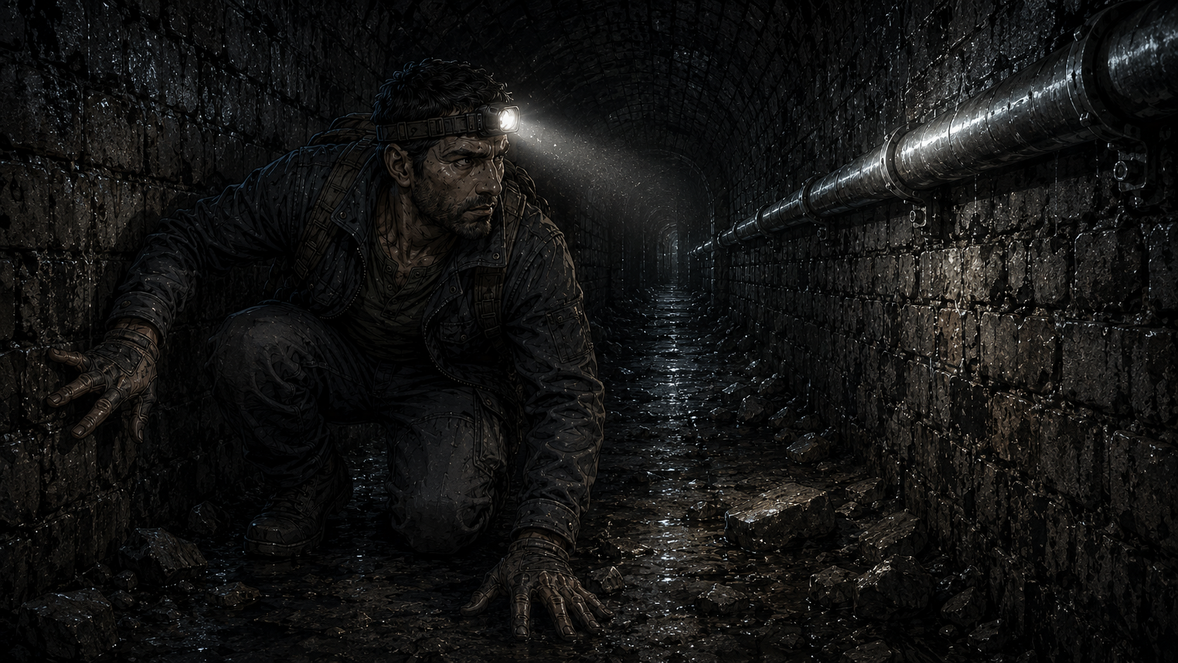 A cramped service tunnel. Tiny's headlamp cuts a narrow white cone across sweating brick and fresh conduit that has no business being there.
