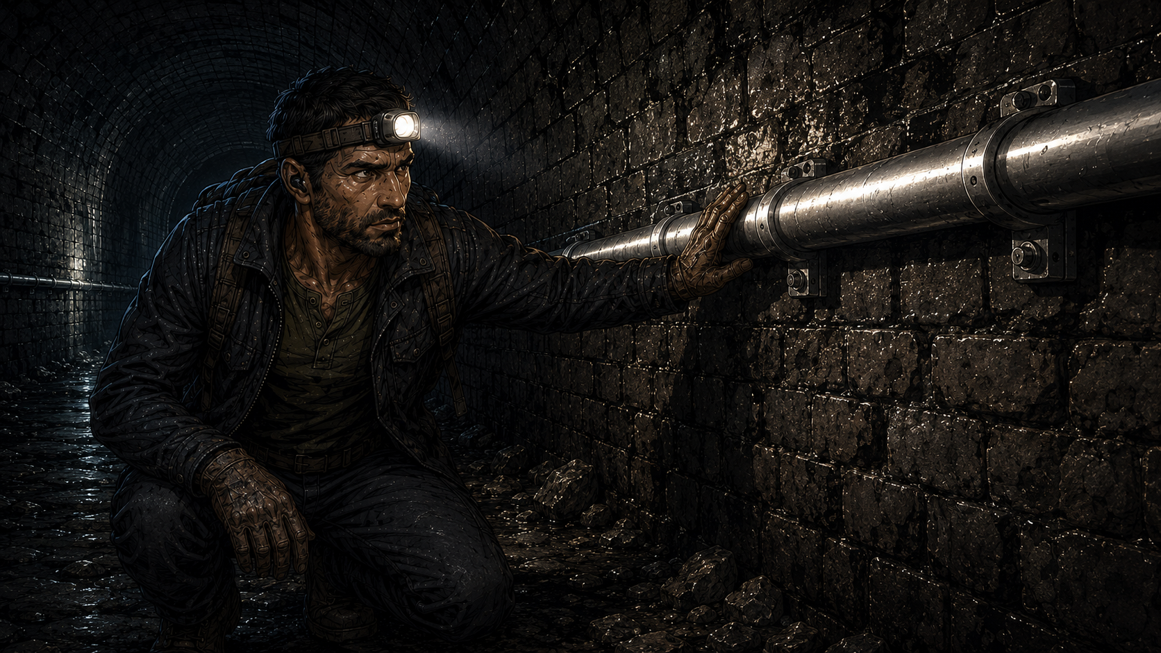 The headlamp finds a run of clean silver pipe bolted over hundred-year-old brick, unmarked, warm to the touch.
