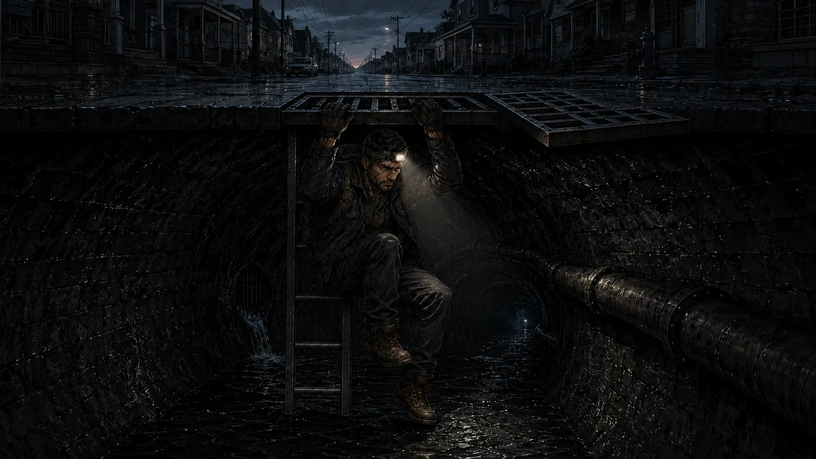 Tiny lowers himself through a grate. Above him the street is asleep; below him the beam swings across wet brick.