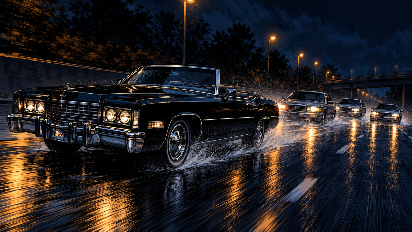 The black 1975 Eldorado running hard in the left lane, chrome catching sodium light, three silver sedans closing from behind.
