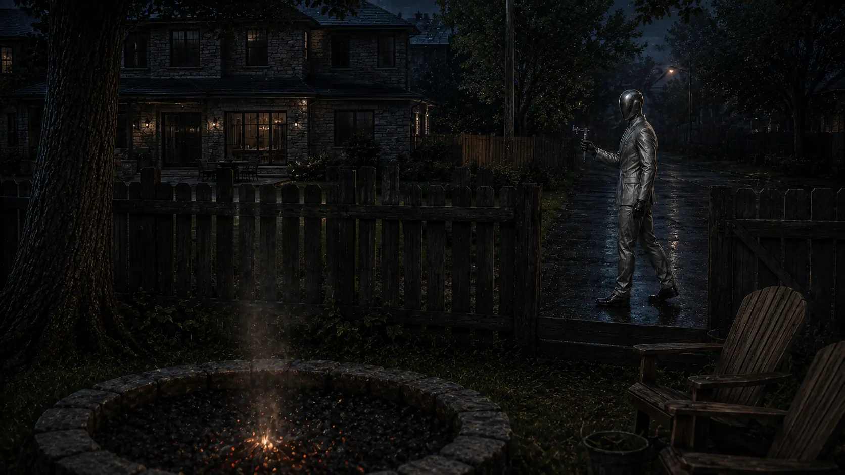 Beyond the fence, a silver-suited figure stands in the alley with a small instrument reading the yard, then walks away.