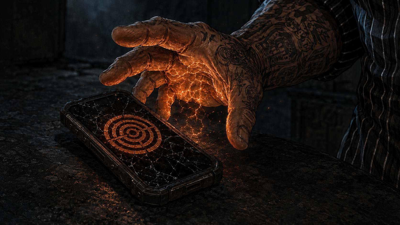 Nick's hand over the cracked phone screen. Ember light spills from his palm and the photographed stamp glows briefly, like a coal breathing.