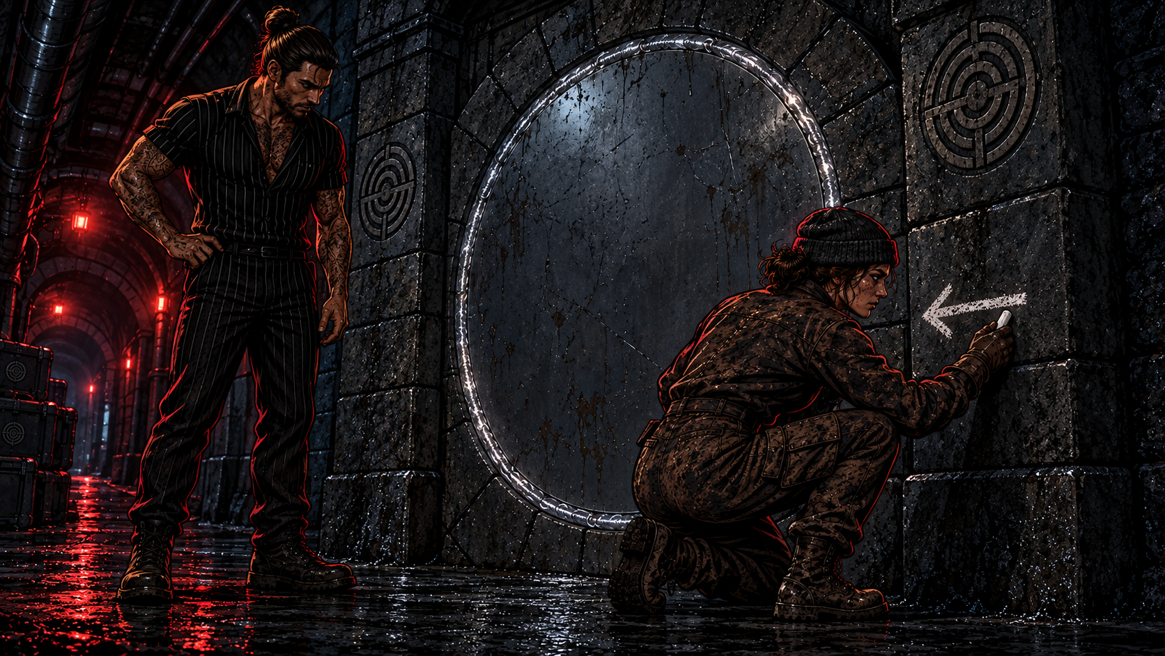 Down in the dark, Nick and Shh stand at the first circled junction: a sealed steel hatch with a fresh weld and no handle.