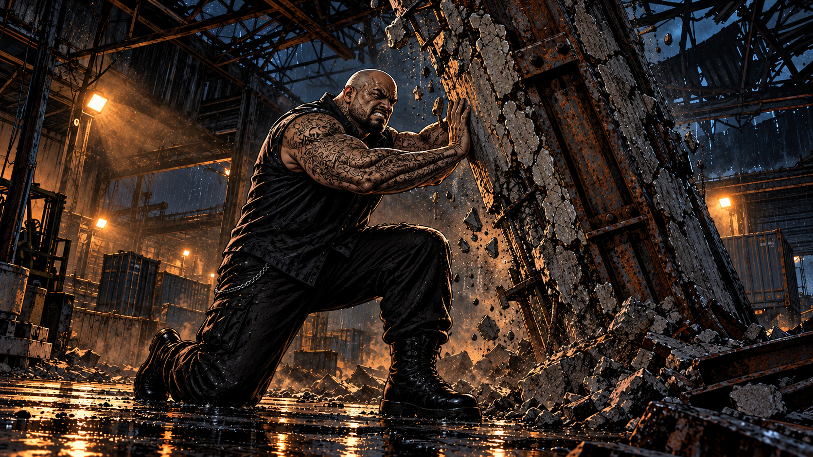 Outside, Vance drops to one knee under the column. His forearms shake. The steel above him bows visibly.