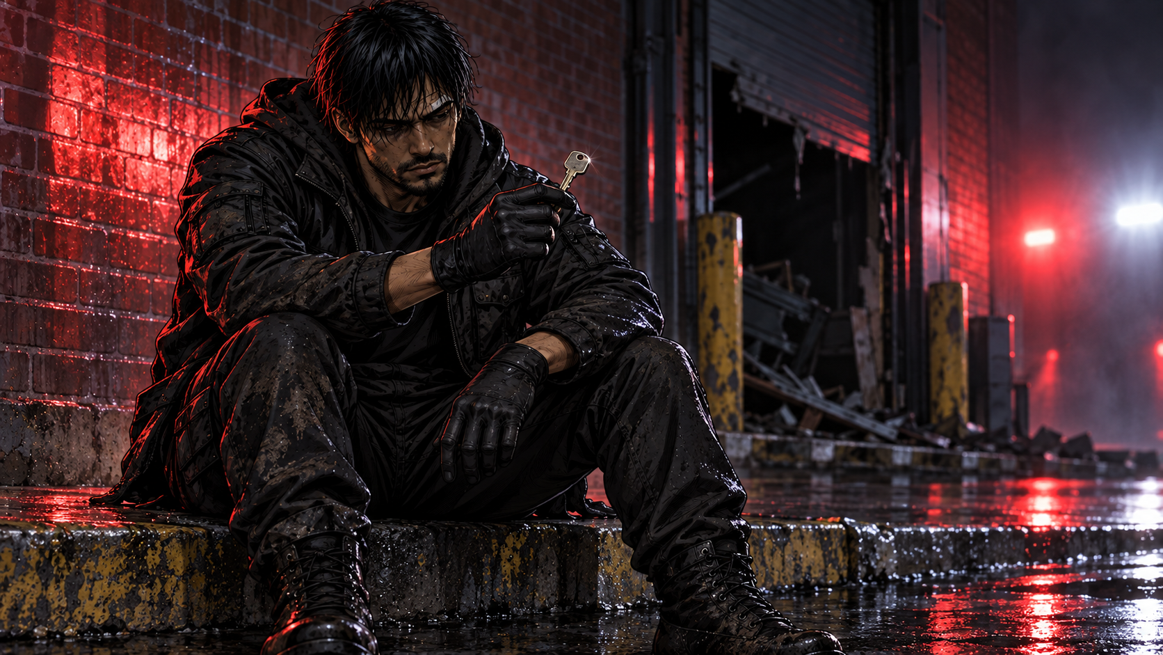 Boochi sitting on the curb, filthy, turning a single unlabeled key over in his fingers while ambulance lights wash the wall behind him.