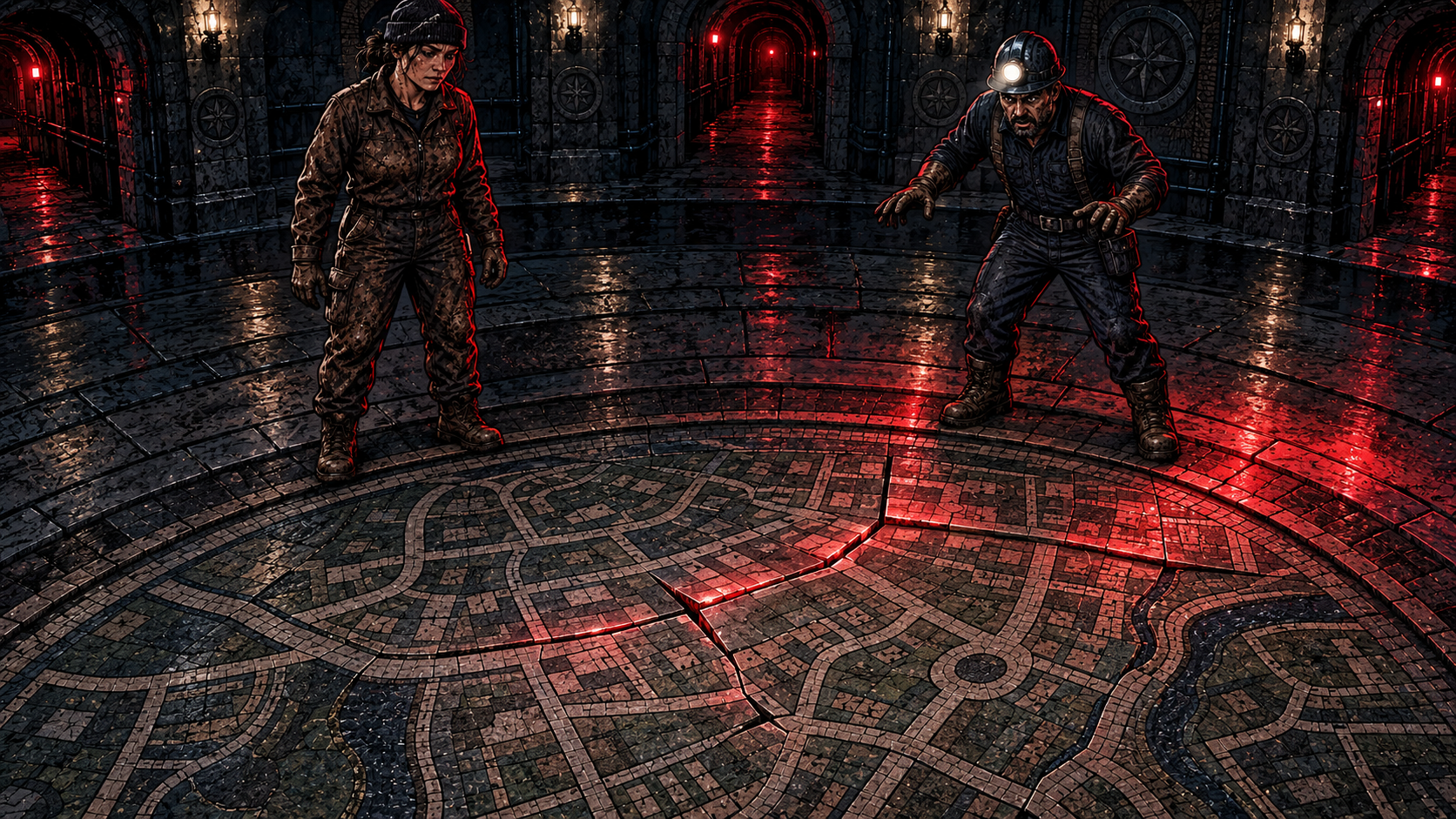 The chamber floor is a mosaic of the town. As the Red Devil's lights sweep it, tiles shift a fraction and the streets rearrange.