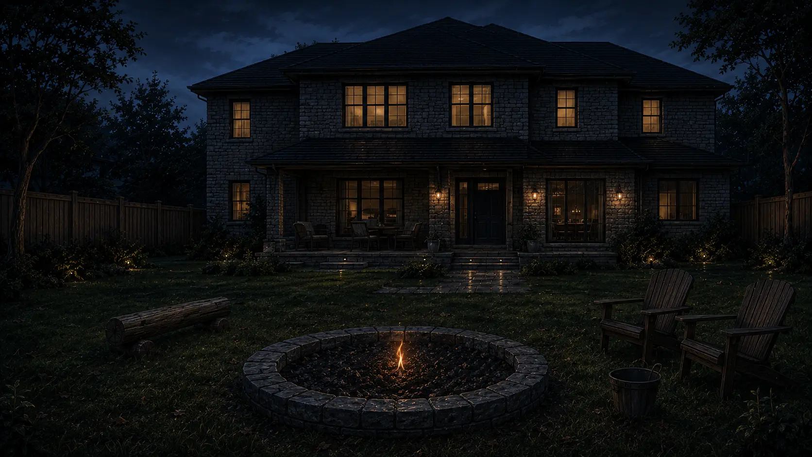 The Reynolds backyard. One low orange flame stands upright in the stone pit, perfectly still, with no wind touching it.