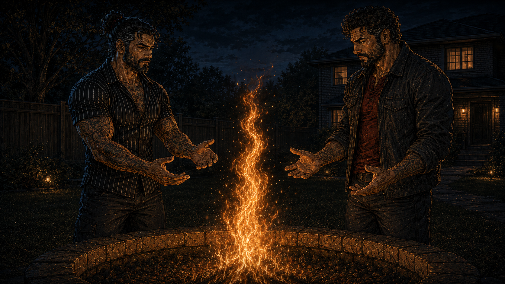 Two brothers at the fire pit, one flame between them, both hands open above it, matching.