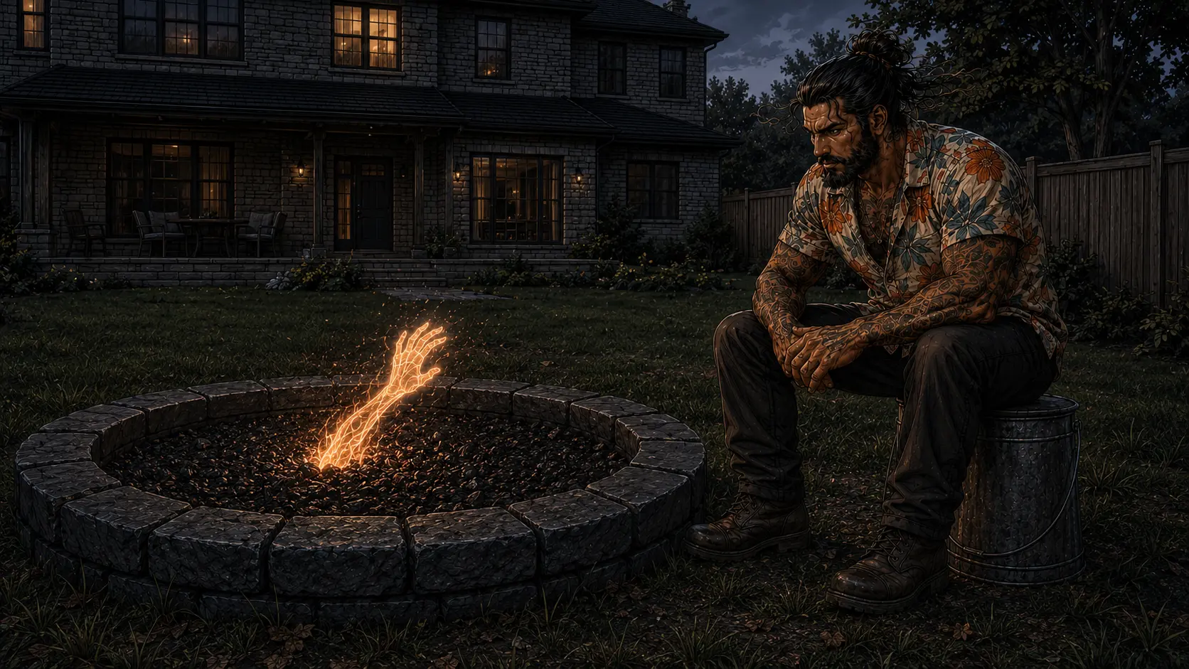 Nick seated on an overturned bucket, elbows on knees. The flame leans toward him against the wind, holding the shape of a hand.