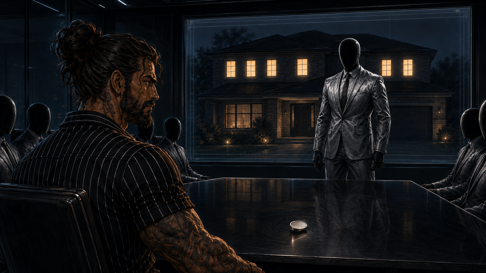 The Keeper stands. Behind him a wall screen wakes up showing the Reynolds house from the street, six windows lit.