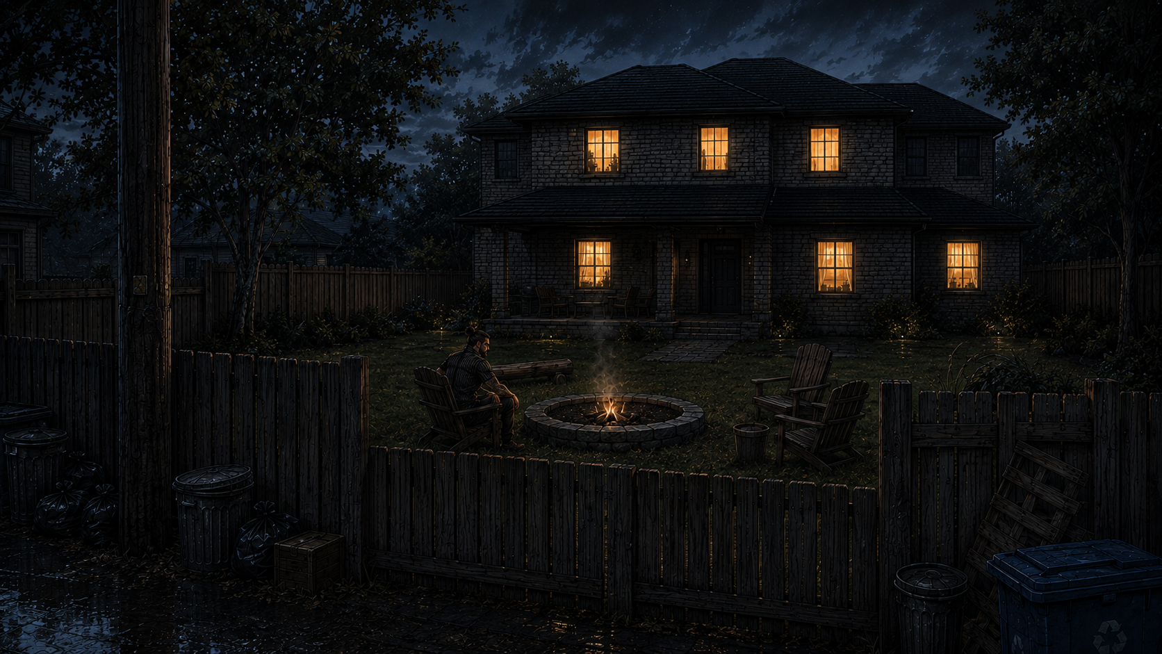 Wide shot from the alley: the house behind him with six windows glowing gold, the pit burning steady in the foreground.
