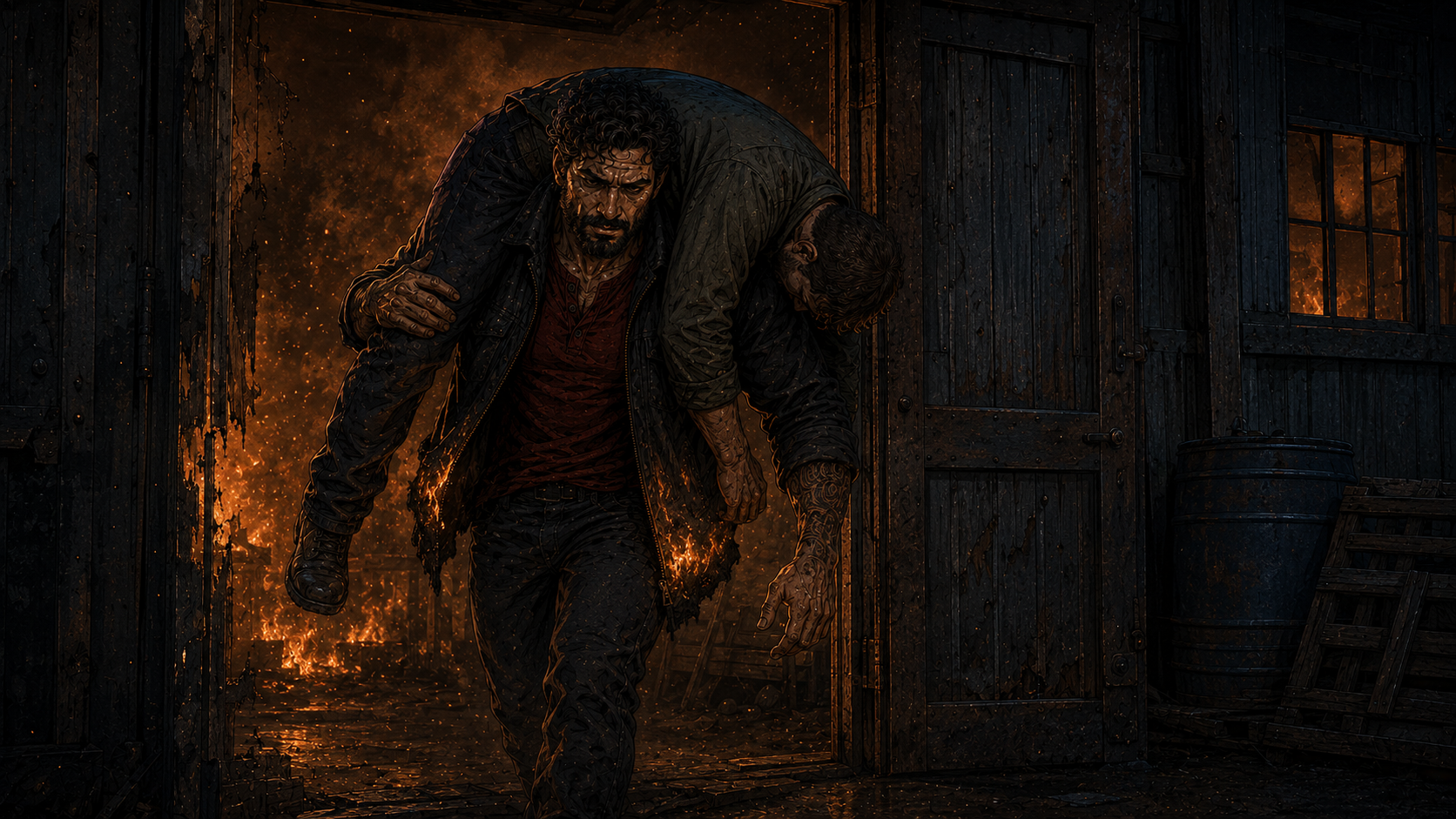 Spark shoulders through the door into smoke, and comes back out carrying a stranger over his shoulder, jacket burning at the hem.