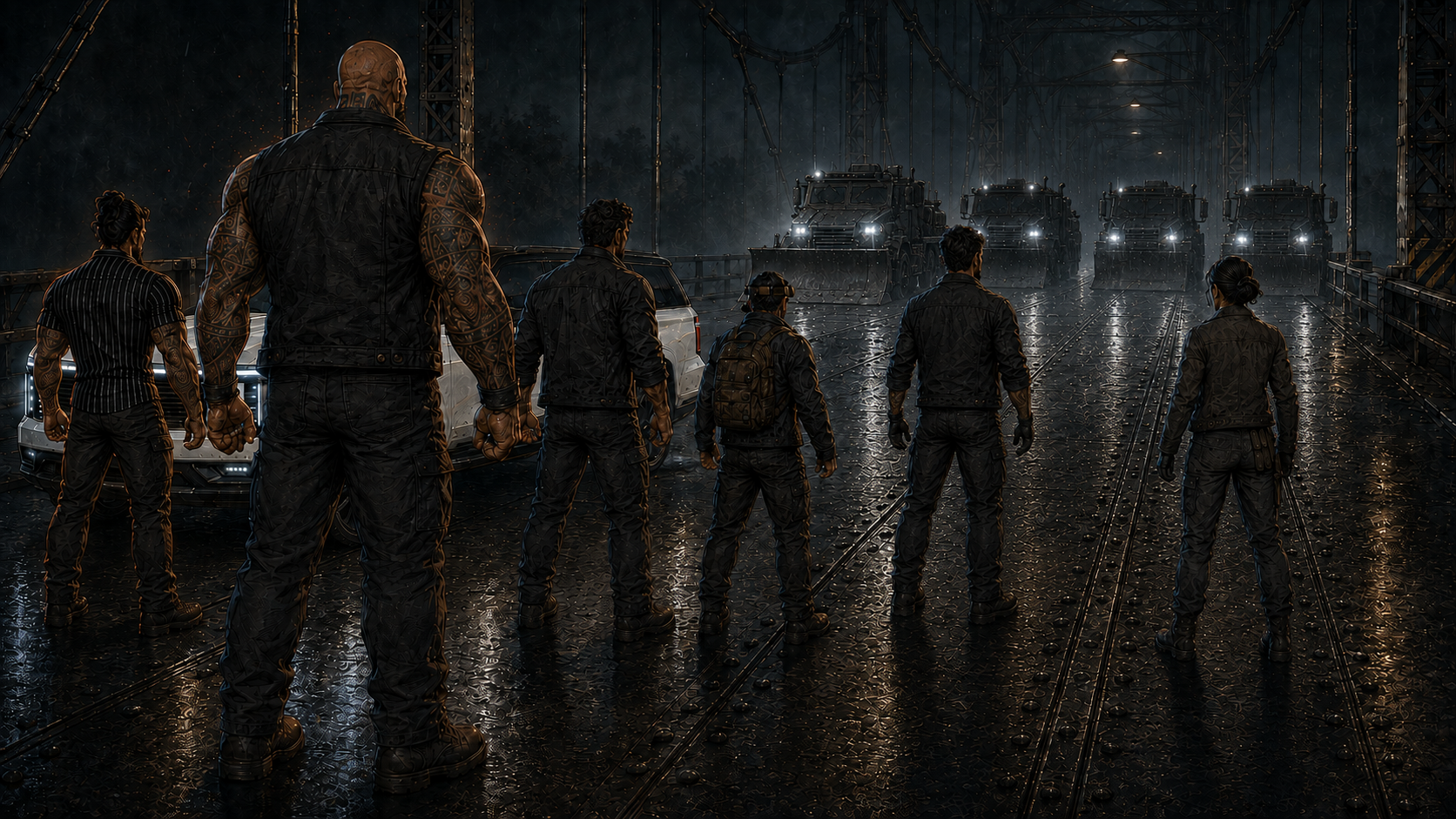 Low angle. Vance planted, the trucks stalled, and behind him the ember glow coming up over the rise as the rest of the crew arrives.