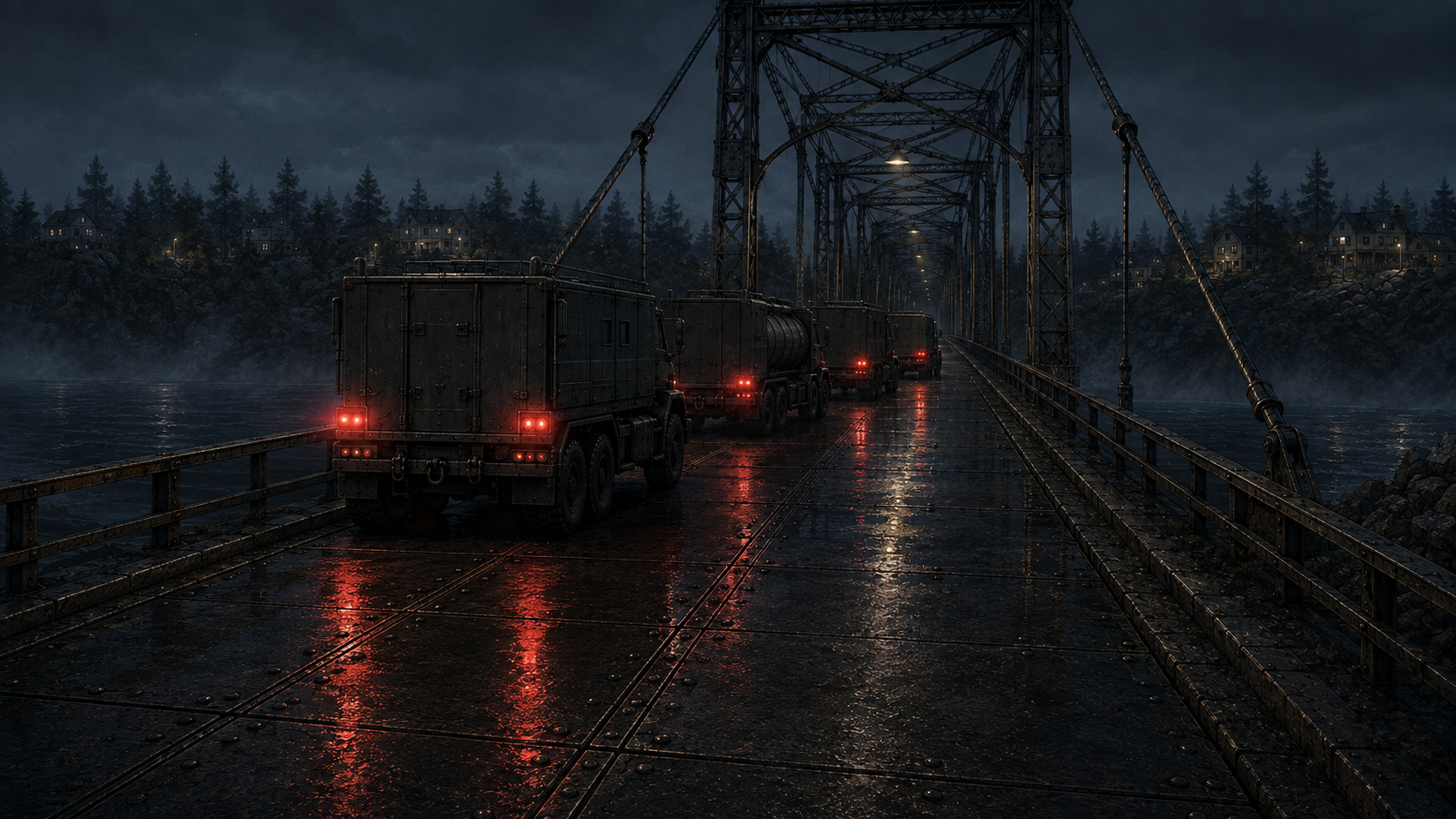 Reverse angle on the convoy backing down the bridge approach, brake lights smearing red across wet asphalt.