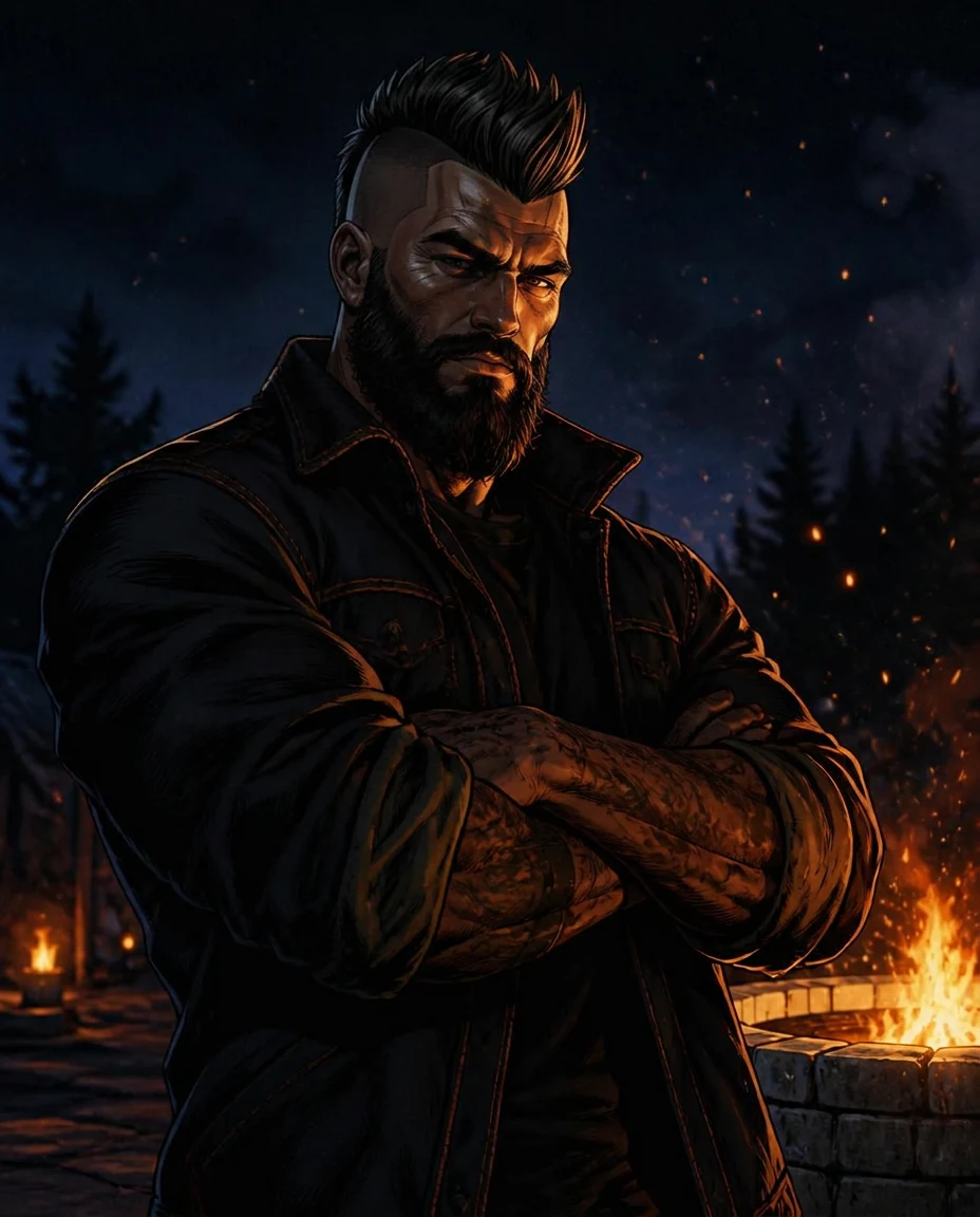 Spark with a fohawk standing in orange half-light, an ash-colored mark glowing on his forearm