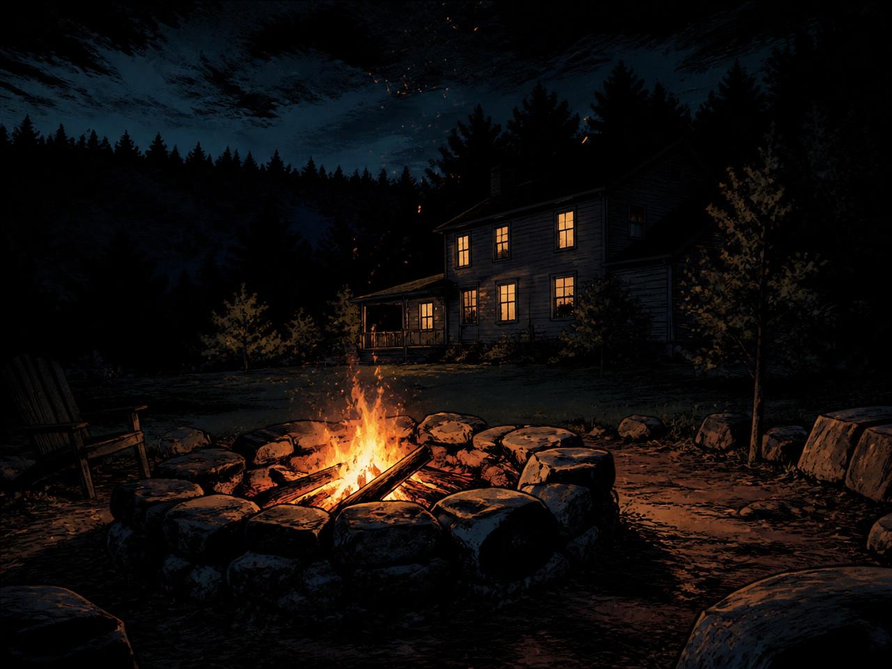 The Reynolds stone fire pit burning at night with six golden lights in the family home windows