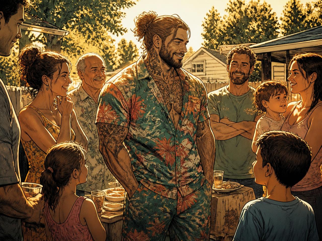 Nick Reynolds in a bright patterned cabana shirt in hard daylight, pinstripe shadows falling across him