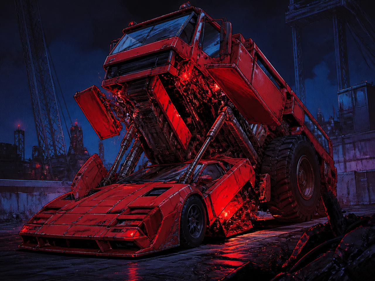The Red Devil mid-transformation in a tunnel, red panels sliding as sparks trail behind it