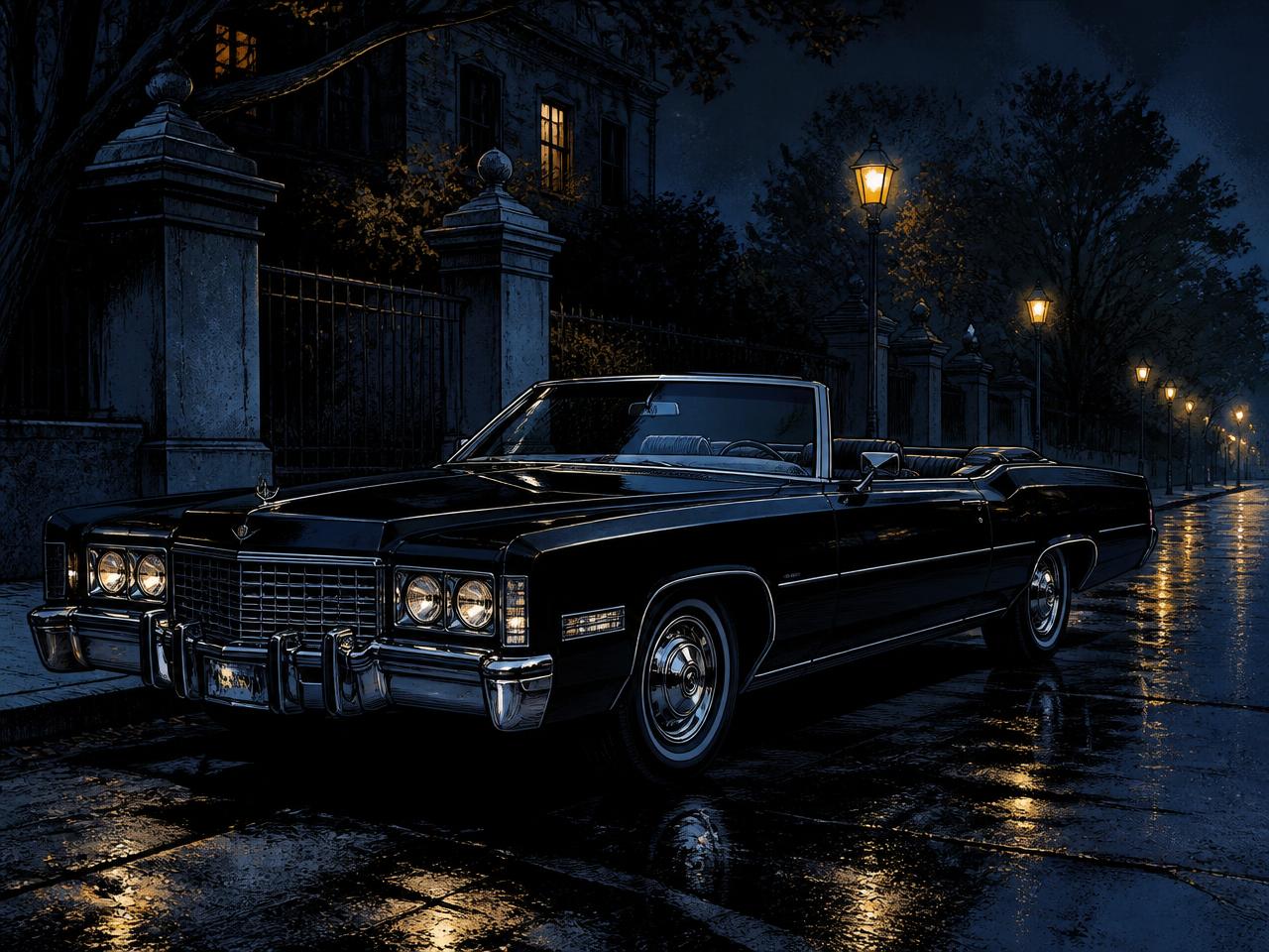 A pristine black 1975 Cadillac Eldorado convertible on a wet midnight street with chrome catching ember light
