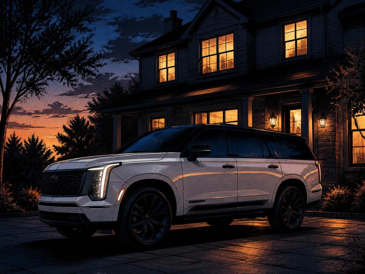 A white Escalade with a black roof lit by orange emergency light, glass shards suspended in the air around it